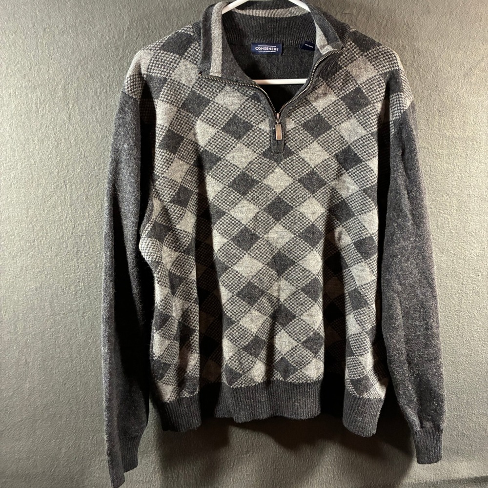 vtg men merino wool Sweater xl gray Quarter Zip Argyle academia preppy luxury